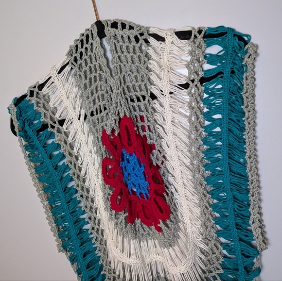 Boho Crochet Knit Top Multicolor Flower Design Festival Hippie Style Batwing - Picture 10 of 14